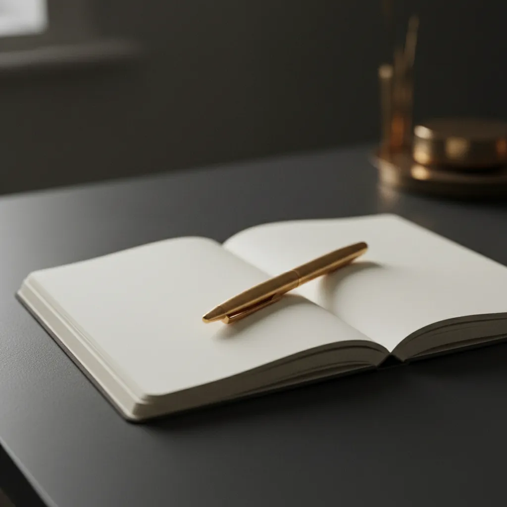 Notitieboek open op een blanco pagina met een pen en een koffiekopje op een donker bureau