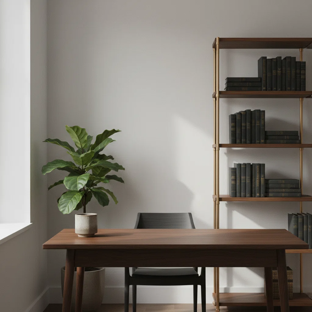 Licht kantoor met boekenplank, groene planten en een houten bureau