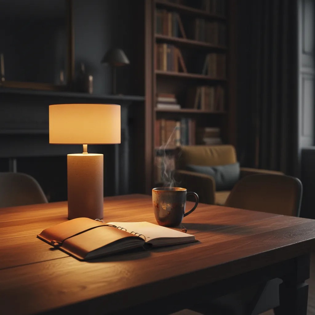 Warm verlichte kamer met agenda en koffiekopje op een houten tafel